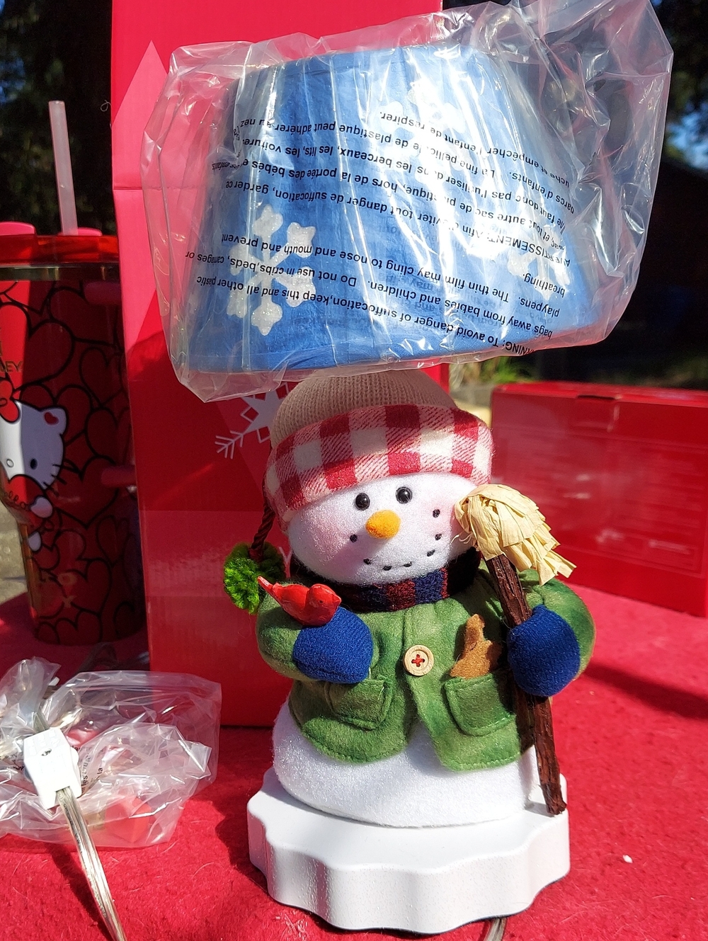 Plush Snowman Figurine  in White, Green & Red - Kids Lamp